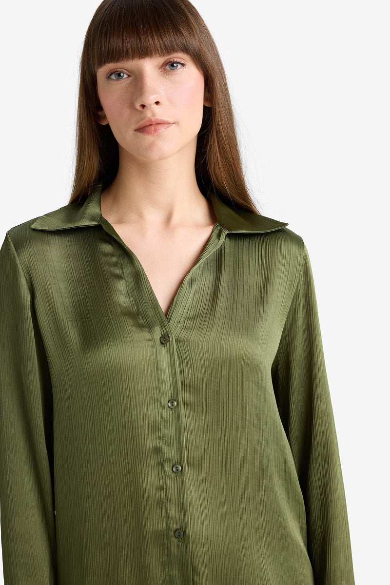 DeFacto Green Woman Regular Fit Satin Long Sleeve Shirt Casual - Image 4